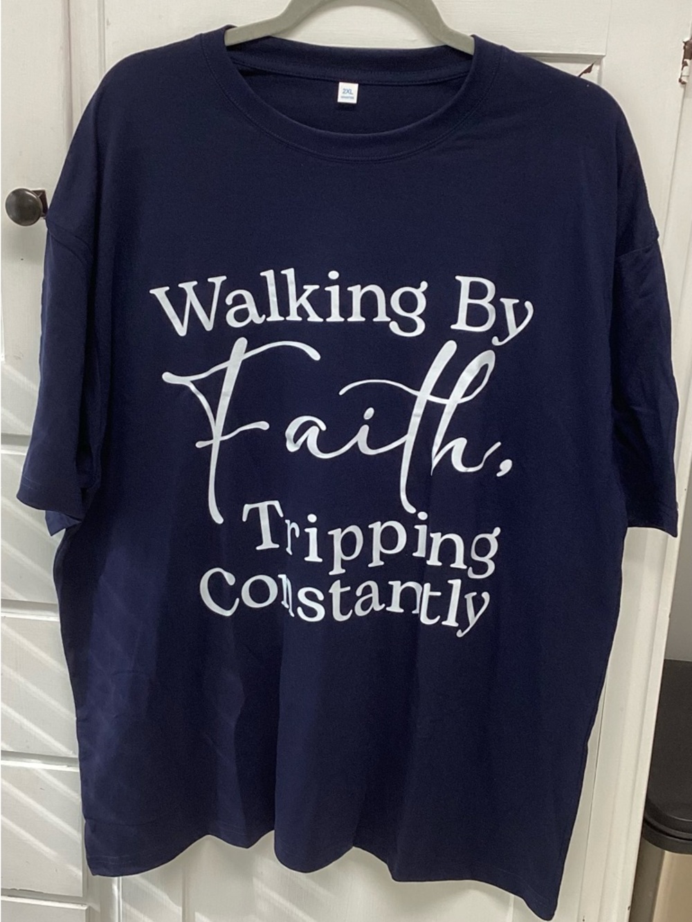 Navy Graphic Tee "Walking By Faith", Tripping Constantly